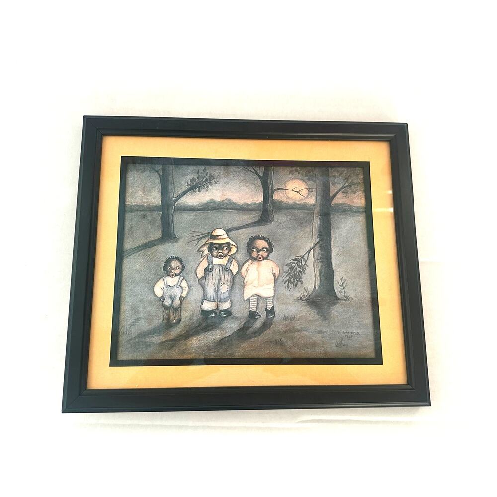 VTG Norma Schneeman Folk Art Print (1985)–Three Children Tree Scene–Custom Frame